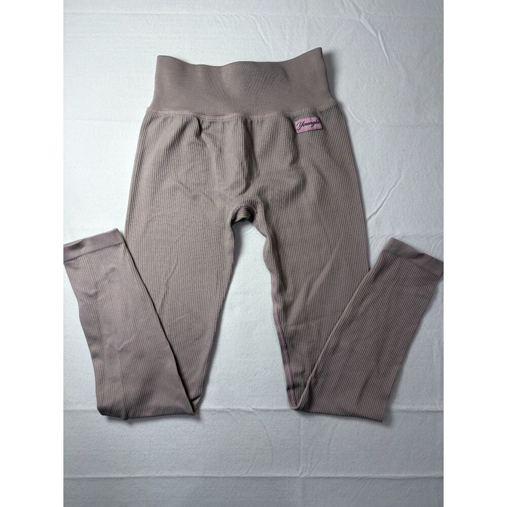 YoungLA Ribbed Seamless High-Waisted Leggings Dusty Mauve Purple Women Small
